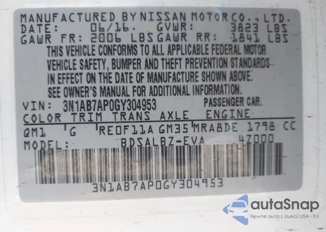 2016 Nissan Sentra S из США, поврежденный, VIN 3N1AB7AP0GY304953